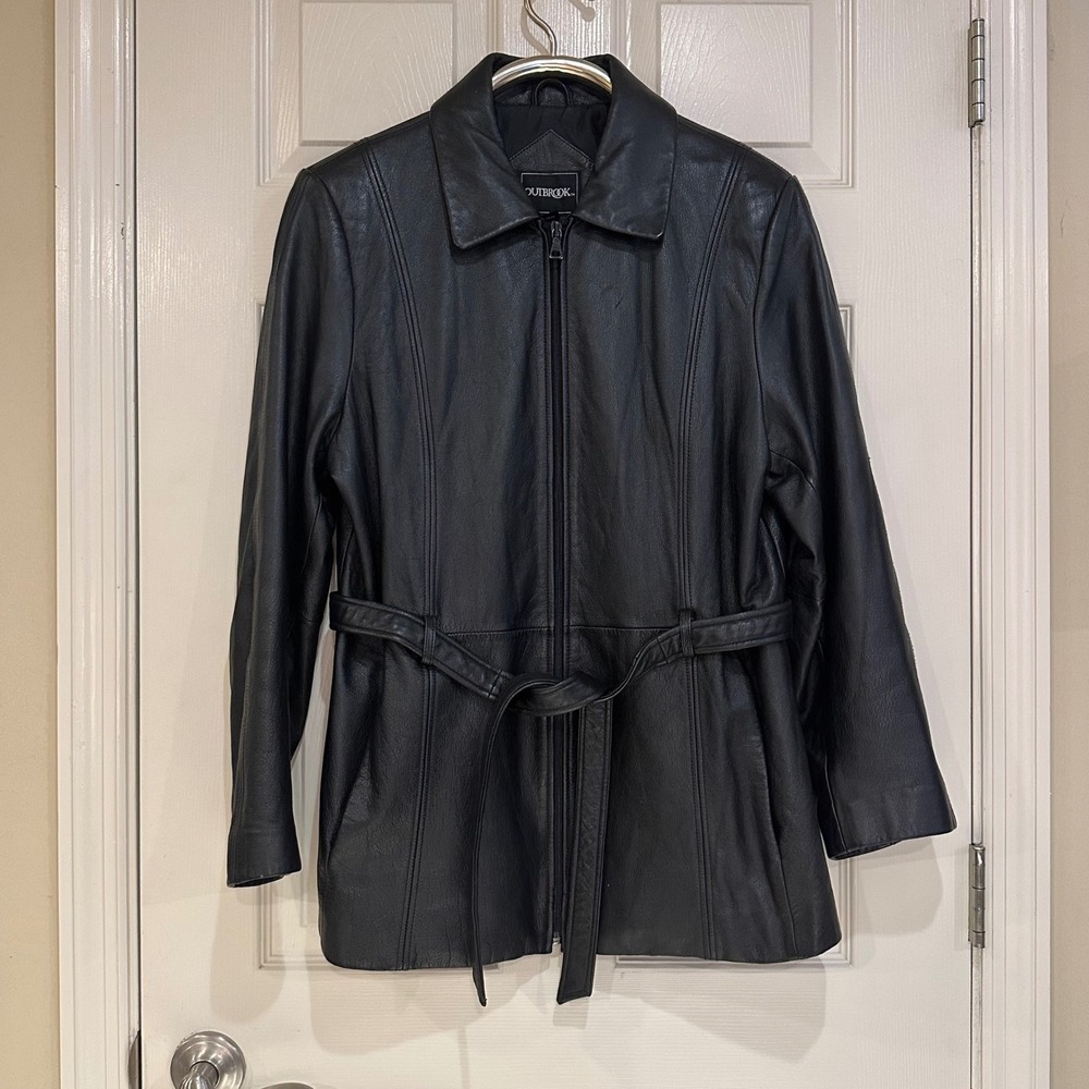 Outbrook Womens Black Genuine Leather Belted Zip Up Jacket Coat Large12/14